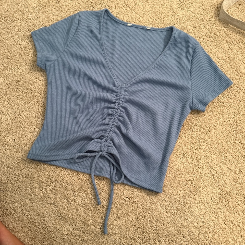 Blue Ruched V-Neck Top